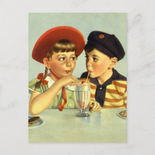 Vintage Children, Boy and Girl Sharing a Shake Postcard