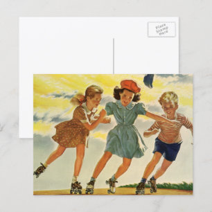 Vintage Children, Boys Girls Fun Roller Skating Postcard
