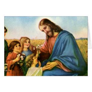 Vintage Children Bring Flowers to Jesus Christ