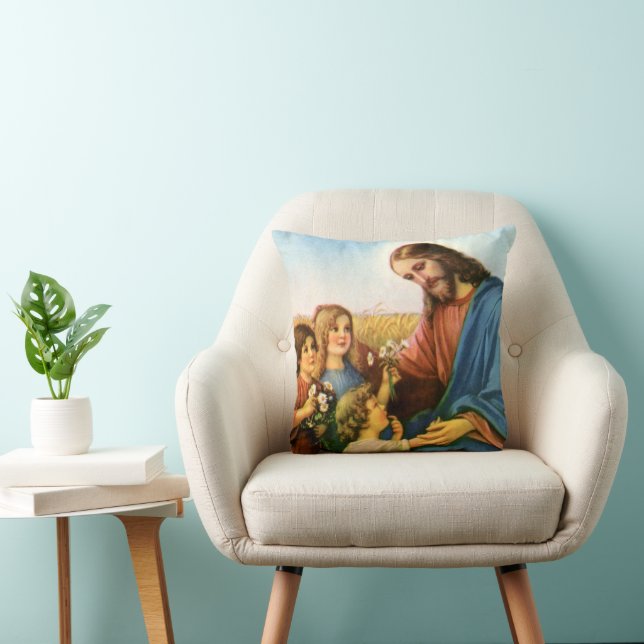 Vintage Children Bring Flowers to Jesus Christ Cushion (Chair)