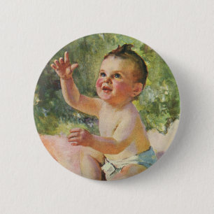 Vintage Children, Cute Baby Girl on a Pink Blanket 6 Cm Round Badge