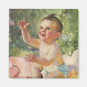 Vintage Children, Cute Baby Girl on a Pink Blanket Magnet
