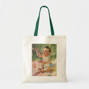 Vintage Children, Cute Baby Girl on a Pink Blanket Tote Bag