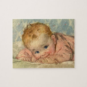 Vintage Children, Cute Baby Girl on Blanket Jigsaw Puzzle