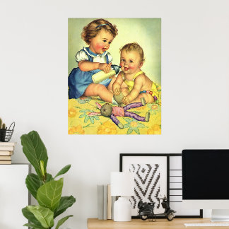 Vintage Children, Cute Happy Toddlers Smile Bottle Poster