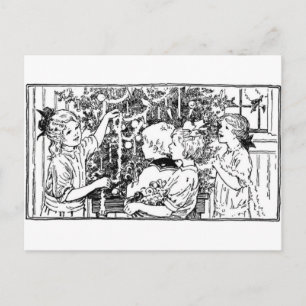 Vintage Children Decorating the Christmas Tree Holiday Postcard