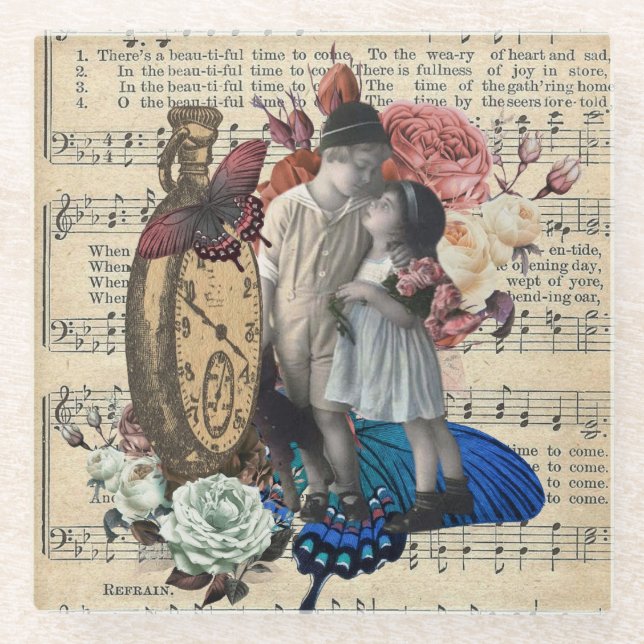 Vintage Children & Floral Collage  Glass Coaster (Front)