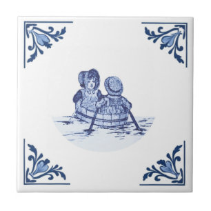 Vintage Children in Row Boat Delft Blue & White Tile