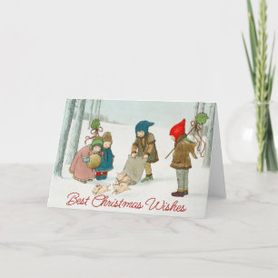 Vintage Children in Snow Holiday Christmas Wishes  Card