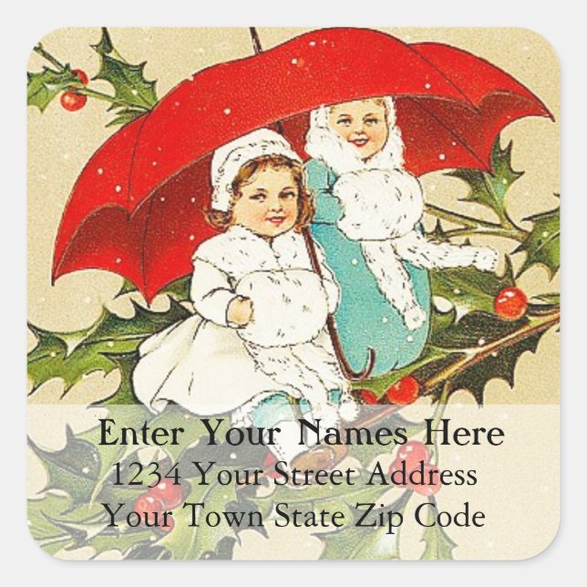 Vintage Children on Holly Christmas Address Label (Front)