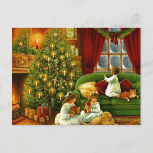 Vintage Children Opening Christmas Gifts Holiday Postcard