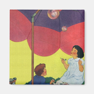 Vintage Children Play Girl and Boy Blowing Bubbles Magnet