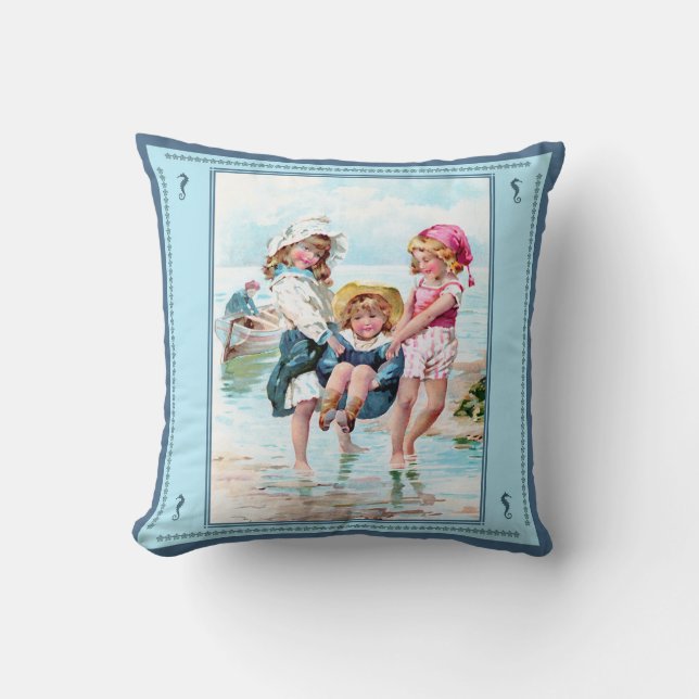 Vintage Children Playing at Seashore Pillow (Front)