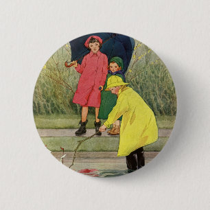 Vintage Children Playing in Puddles "A Rainy Day" 6 Cm Round Badge