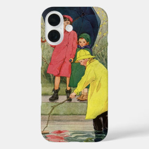 Vintage Children Playing in Puddles "A Rainy Day" iPhone 16 Case