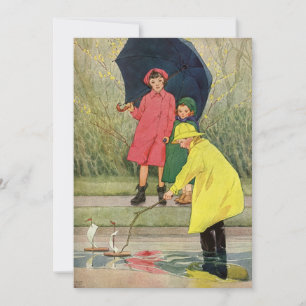 Vintage Children Playing in Puddles "A Rainy Day" Invitation