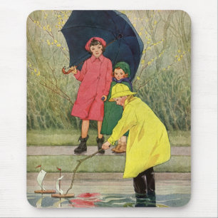 Vintage Children Playing in Puddles "A Rainy Day" Mouse Pad