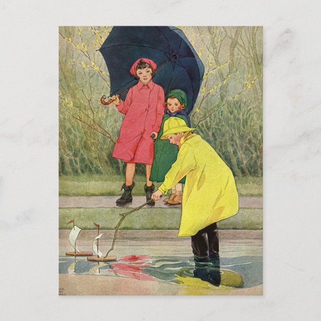 Vintage Children Playing in Puddles "A Rainy Day" Postcard (Front)
