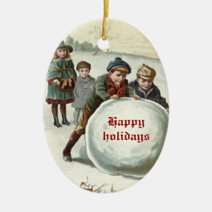 Vintage Children playing in winter Ceramic Tree Decoration