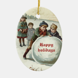 Vintage Children playing in winter Ceramic Tree Decoration