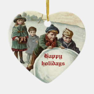 Vintage Children playing in winter Ceramic Tree Decoration