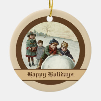 Vintage children playing in winter ceramic tree decoration