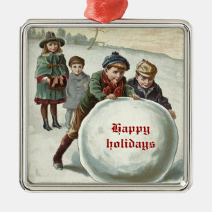 Vintage Children playing in winter Metal Tree Decoration