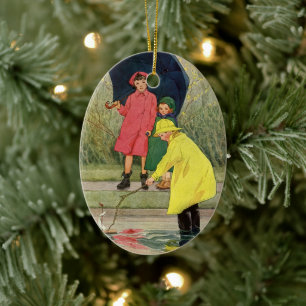 Vintage Children Playing Puddles Toy Boats Rain Ceramic Tree Decoration