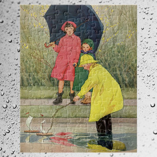 Vintage Children Playing Puddles Toy Boats Rain Jigsaw Puzzle