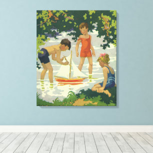 Vintage Children Playing Toy Sailboats Summer Pond Canvas Print