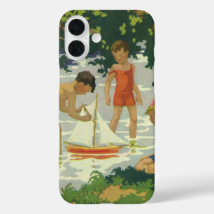 Vintage Children Playing Toy Sailboats Summer Pond iPhone 16 Plus Case