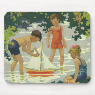 Vintage Children Playing Toy Sailboats Summer Pond Mouse Pad