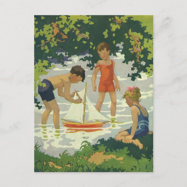Vintage Children Playing Toy Sailboats Summer Pond Postcard (Front)