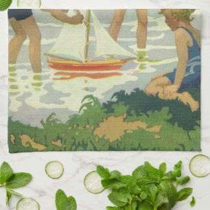 Vintage Children Playing Toy Sailboats Summer Pond Tea Towel