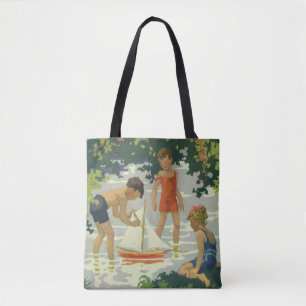 Vintage Children Playing Toy Sailboats Summer Pond Tote Bag