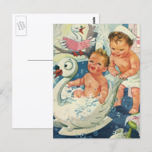 Vintage Children Playing w Bubbles in Swan Bathtub Postcard