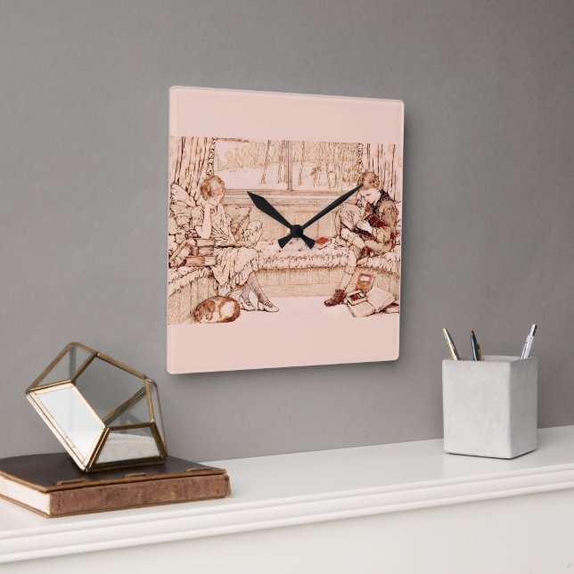 Vintage Children Reading cosy Illustration  Square Wall Clock (Office)