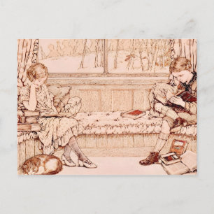 Vintage Children Reading cozy Illustration  Announcement Postcard