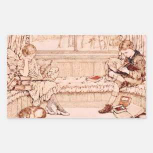 Vintage Children Reading Illustration  Rectangular Sticker
