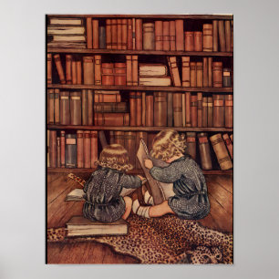 Vintage Children Reading in Library Illustration  Poster