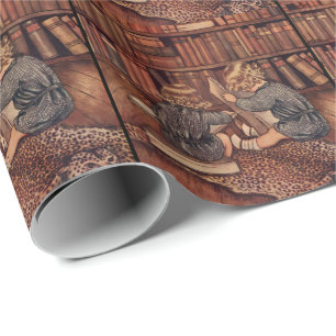 Vintage Children Reading in Library Illustration Wrapping Paper