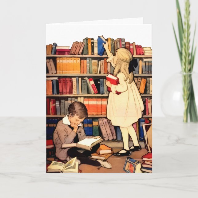 Vintage Children Reading Library Books Blank Card (Front)
