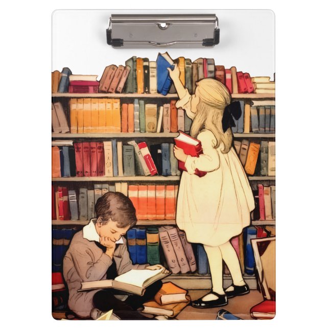 Vintage Children Reading Library Books Clipboard (Front)