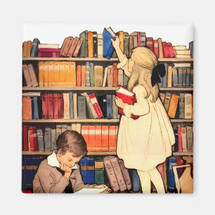 Vintage Children Reading Library Books Magnet