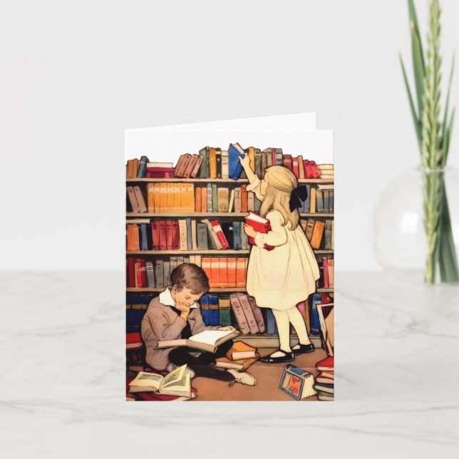 Vintage Children Reading Library Books Note Card (Front)