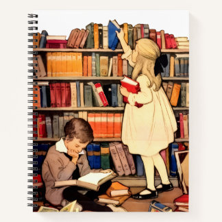 Vintage Children Reading Library Books Notebook