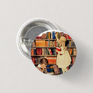 Vintage Children Reading Library Books Pinback 3 Cm Round Badge