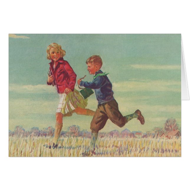 Vintage Children Running to School Carrying Books (Front Horizontal)