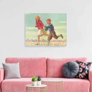 Vintage Children Running to School Carrying Books Canvas Print