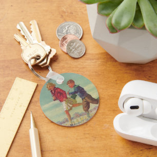 Vintage Children Running to School Carrying Books Key Ring